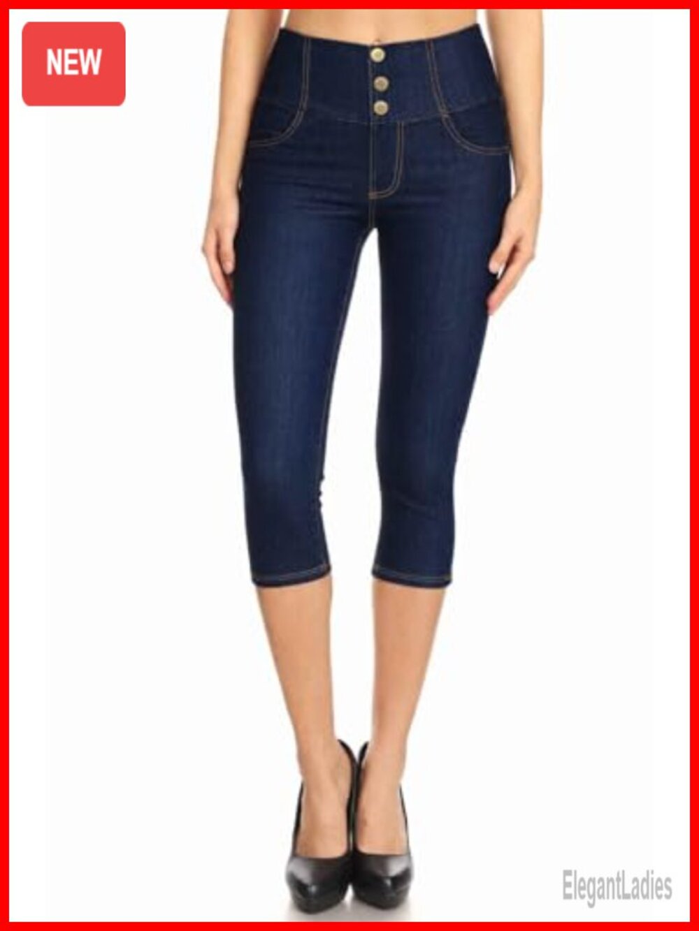 Women's Capri Knit Denim Jegging High Waisted Pull On Stretch Cropped Skinny